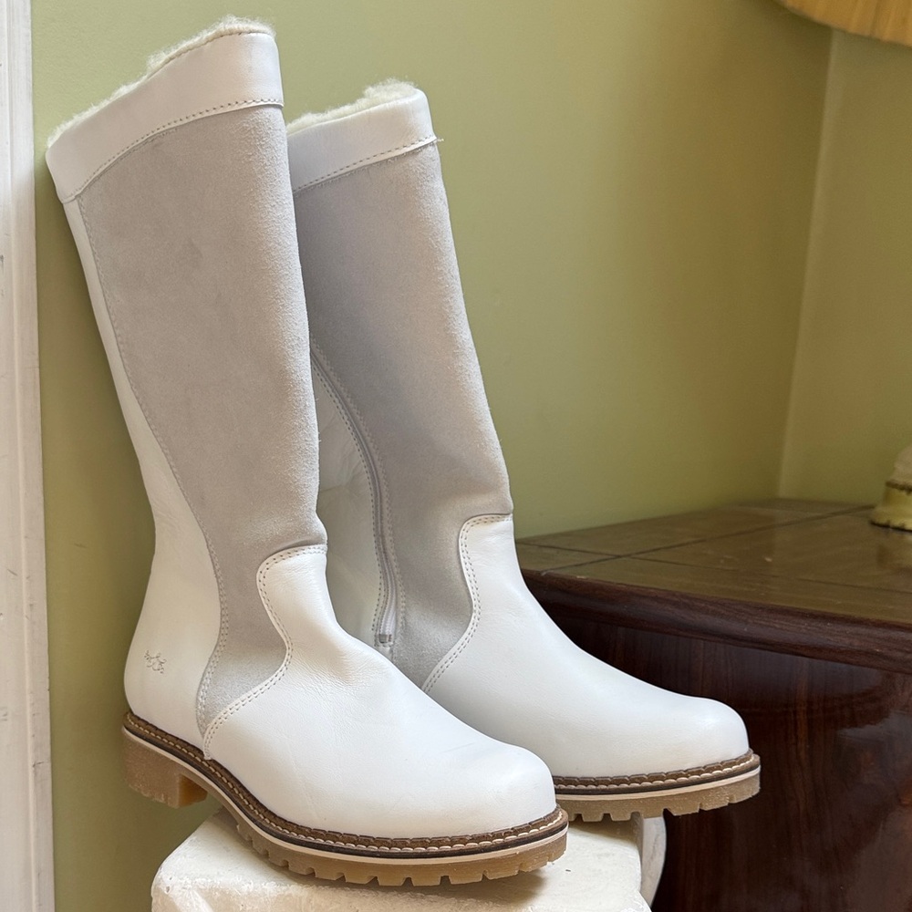 Bos. & Co. Hudson white tall leather gray suede Winter Boots s: 39 women H17N16